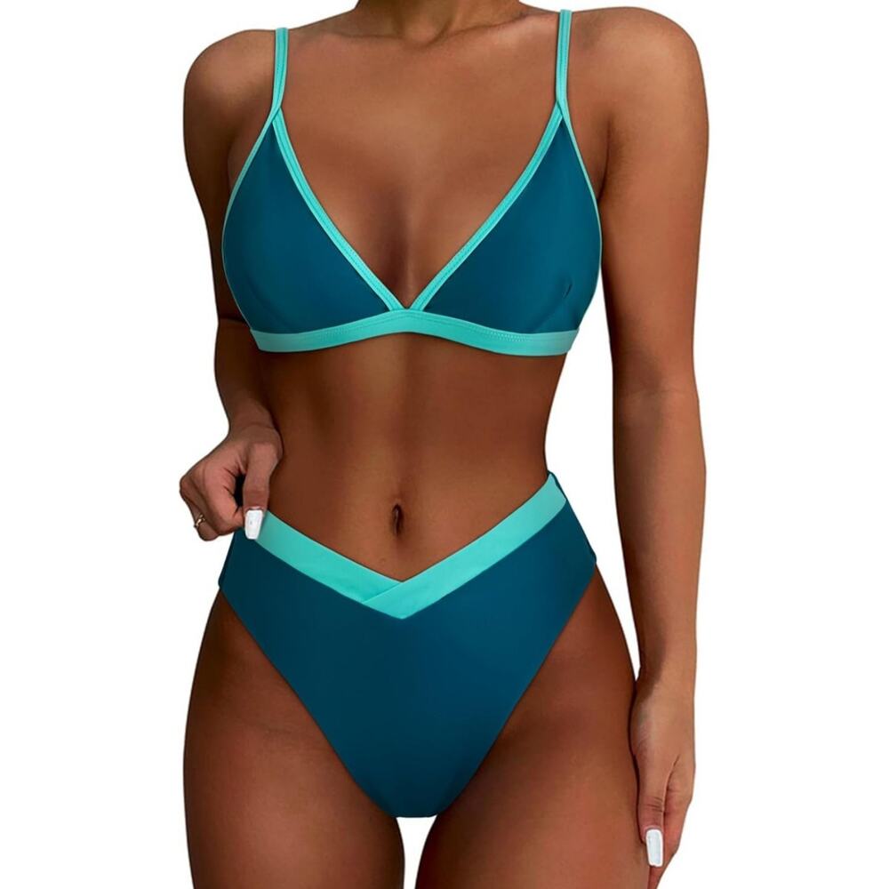 SUUKSESS Womens Triangle High Cut Bikini High Waisted Two Piece Swimsuit Medium